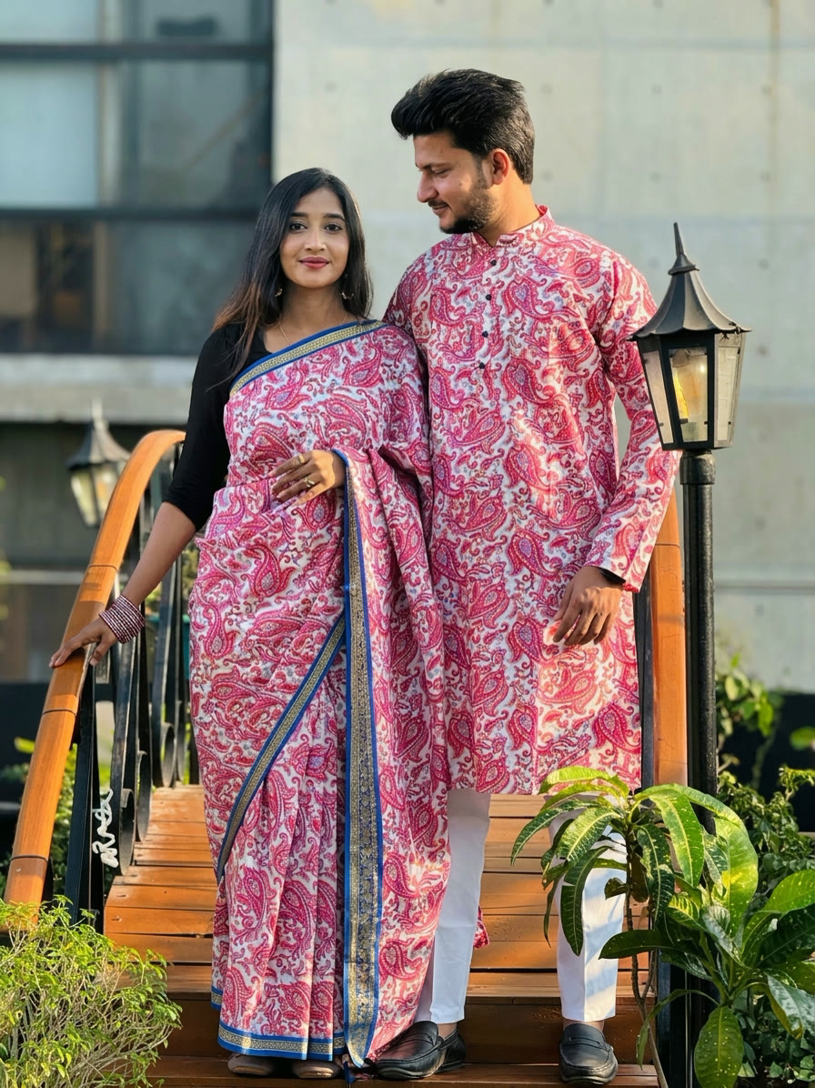 প্রিমিয়াম ডিজিটাল প্রিন্ট শাড়ি ও পাঞ্জাবি কাপল কম্বো সেট